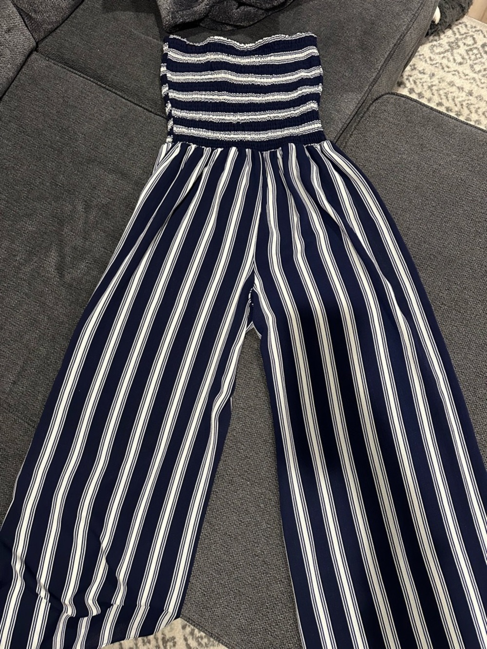 Mlle Gabrielle Navy & White Strapless Wide-Leg Romper